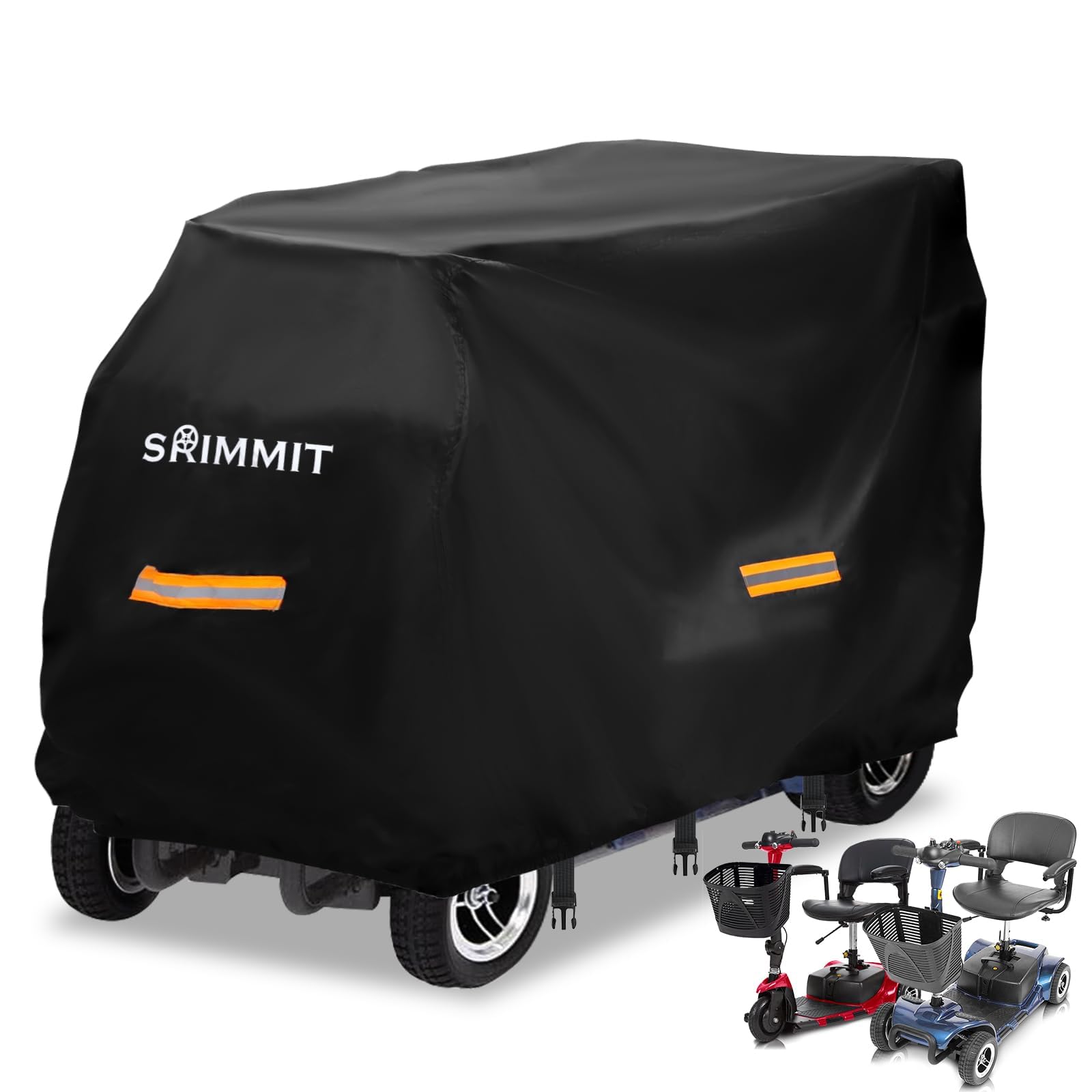 SRIMMIT Mobility Scooter Storage Cover, size L, black, waterproof polyester, shown fitted over a 4-wheel mobility scooter